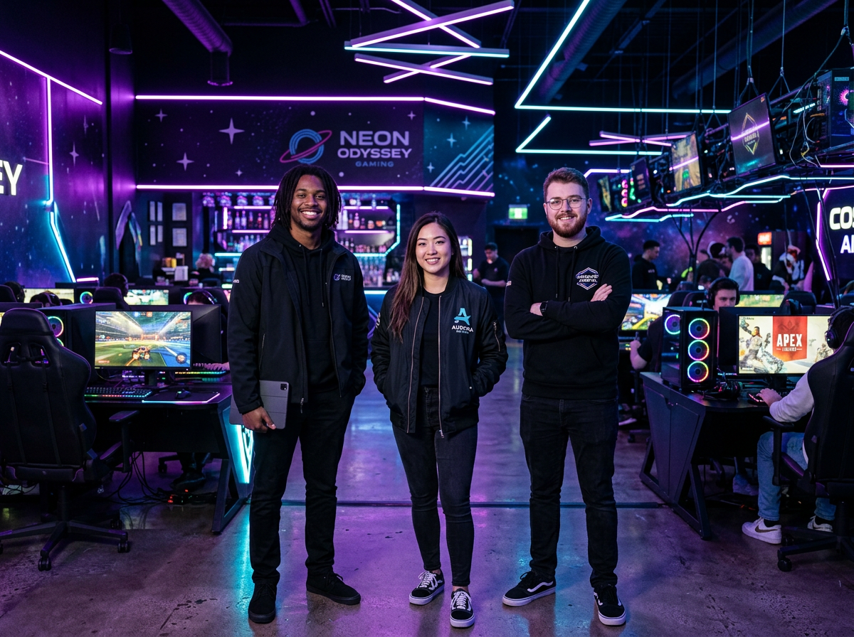 Pixel Arena founders standing inside their neon-lit gaming venue