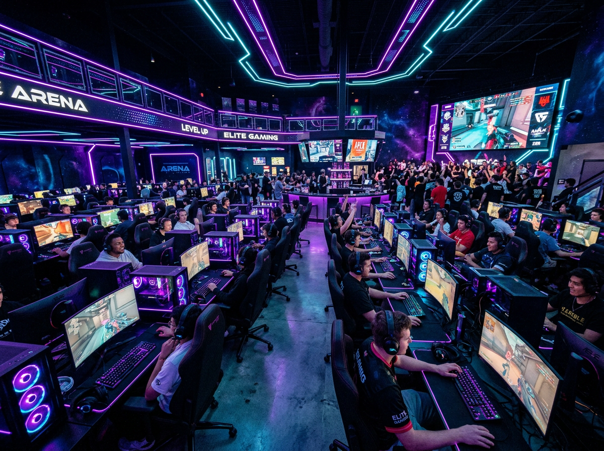 Crowded Pixel Arena gaming lounge with RGB-lit gaming PCs and players competing